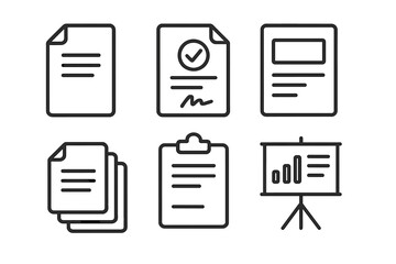 Document line icon set. Contract, presentation, report outline signs. Business agreement, checklist, data analysis symbols. Editable stroke vector for web, infographics, apps.