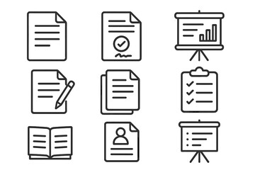 Business documents and presentation line icon set. Agreement, contract, report, checklist, resume symbols. Editable stroke vector for office, and corporate identity.