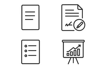 Business line icon set. Document, contract, signature, checklist, and presentation with growth chart. Vector icons with editable stroke for infographics and reports.