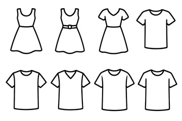 Dresses and T-Shirts line icon set. Editable stroke vector for fashion, apparel, and retail. Clothing symbols for web, apps, ecommerce, and print. Simple garment outlines.