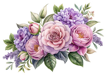 Watercolor Floral Arrangement with Roses and Lilacs on a Black Background for Elegant Designs