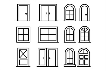 Door and window line icon set. Vector collection of various architectural house elements. Simple outline symbols for exterior design, web, app, construction pictogram bundle.