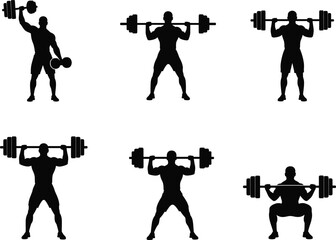 Weightlifting silhouette vector illustration, barbell and dumbbell poses, strength training concept, black and white fitness art, gym workout design, power exercise