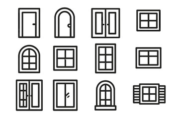 Door and window line icon set. Vector collection of building exterior elements. Simple outline symbols for architecture, web design, apps. House facade graphics isolated.
