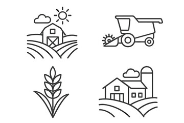 Agriculture and farming line icon set. Farm landscape with barn, silo, combine harvester, and wheat crop. Rural harvest concept. Editable stroke vector icons for agribusiness.