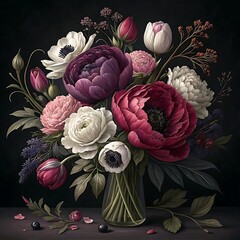 Elegant Floral Arrangement with Deep Reds Purples and Whites for Sophisticated Decor and Special Occasions