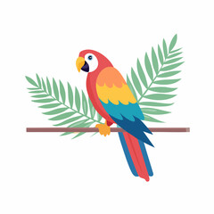 Obraz premium A flat vector illustration of a colorful parrot perched on a tropical branch, minimal background, clean lines, bright colors