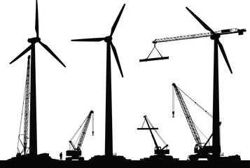 Wind turbine construction silhouette vector, crane lifting blade, renewable energy infrastructure, black graphic icon, sustainable power site, industrial development, worker illustration