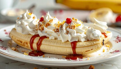 A delicious banana split dessert topped with whipped cream, caramel sauce, and chopped nuts on a decorative plate.