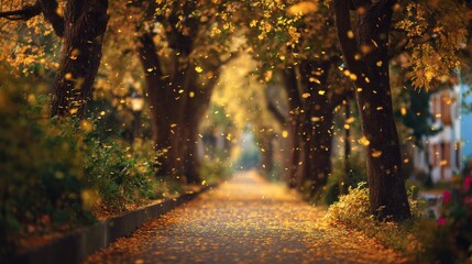 Fototapeta premium Autumnal Pathway - A Scenic View of Trees and Fallen Leaves.