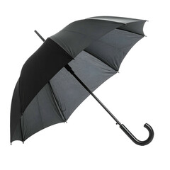 Black and grey umbrella with curved handle isolated on black background.