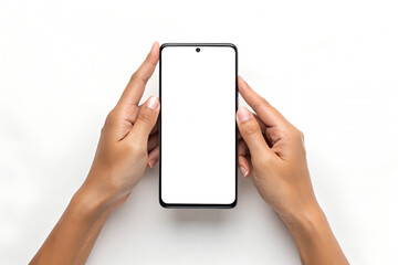Hands Holding Smartphone with Blank Screen on White Background.
