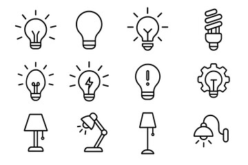 Lightbulb and lamp line icon set. Concepts of idea, creativity, innovation, and energy. Includes editable stroke vector illustrations for electricity, solution, and lighting.