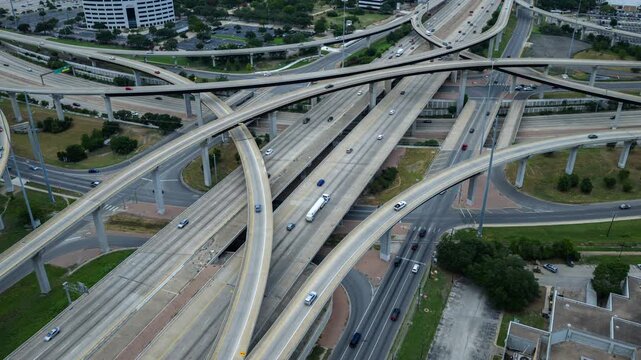Sunset Time-Lapse Toward Downtown Austin Over I-35 Stack Interchange