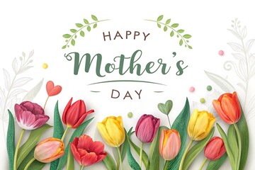 Beautiful Mothers Day Tulips Illustration with Greenery and Decorative Elements for Greeting Cards and Celebratory Designs