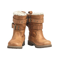 Pair of brown leather boots with fur lining and buckled straps.