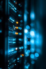 Fototapeta premium Abstract digital data stream with glowing blue and orange lights representing information flow and technological advancement in a modern network environment