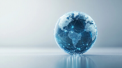 Hyperrealistic abstract data globe floating in clean white space, symbolizing global connectivity, digital networks, and futuristic technology in a minimalist style.
