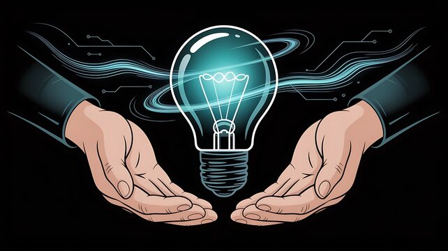 Two open hands cradling a glowing light bulb with electric energy swirling around it symbolizing innovation creativity and bright ideas - Powered by Adobe
