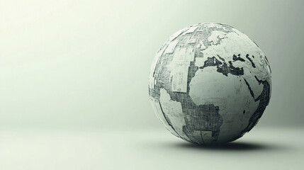 Hyperrealistic abstract data globe floating in clean white space, symbolizing global connectivity, digital networks, and futuristic technology in a minimalist style.