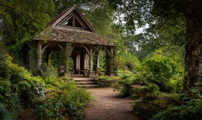 Enchanting wooden gazebo nestled in lush green forest scenery.