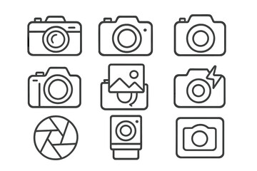 Modern Photo Line Icon Pack for Design, Web, Apps, and Cards with Linear Camera and Photography Symbols, Vector Cartoon Illustration, Transparent Background