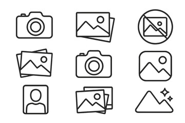 Editable Thin Line Photo Icon Set with Camera, Pictures, Profile, and No Image Symbols. Vector Illustration for Banners, Social Media, Apps, and Cards with Transparent Background