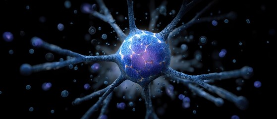 DNA cell forensic concept. Digital illustration of a neuron with glowing connections and particles on a dark background.