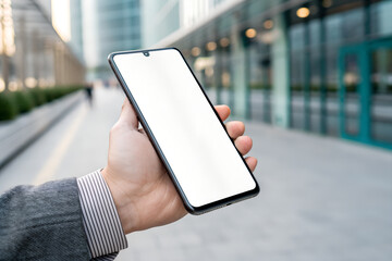 Hand Holding Smartphone with Blank Screen in Modern City Background.
