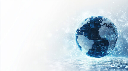 Hyperrealistic abstract data globe floating in clean white space, symbolizing global connectivity, digital networks, and futuristic technology in a minimalist style.
