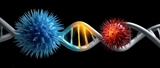 DNA cell forensic concept. Colorful molecular structures intertwining with DNA strands on a black background.