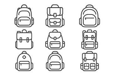 Backpack line icon set. Schoolbag, rucksack outline symbol collection. Travel, education, student, hiking thin line vector icons. Simple knapsack pictogram pack for web, app.