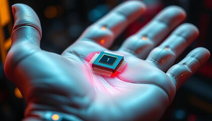 Close-up of a futuristic microchip implanted in a synthetic palm,  futuristic,  clean