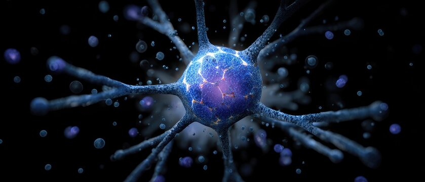 DNA cell forensic concept. Digital illustration of a neuron with glowing connections and particles on a dark background. - Powered by Adobe