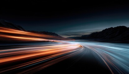 Night road winding through mountains, light trails
