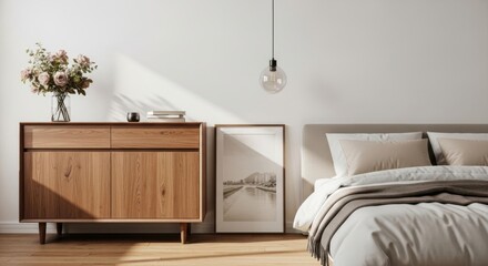 A Serene Scandinavian Bedroom Interior with Natural Wood Furniture and Soft Neutral Tones bathed in Warm Morning Sunlight creating a Peaceful Atmosphere