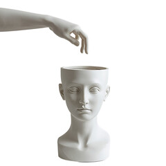 Conceptual Art Installation Hand Reaching Towards Head Shaped Planter Isolated on Black Background Idea Generation and Creativity