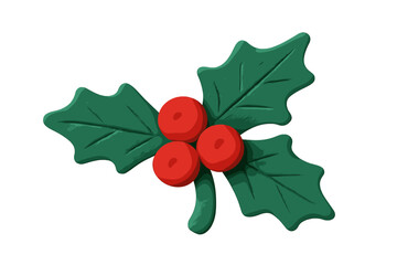 Holly branch Christmas clay element in naive childish style. Isolated plasticine decoration. Vector cartoon illustration for winter holiday design. Cute 3D modeling icon.