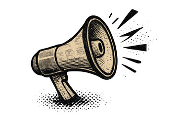 Megaphone vector announcement concept. Halftone comic style bullhorn icon. Retro loudspeaker for news, sales, marketing. Communication, attention and protest symbol.