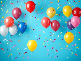 Bright and cheerful balloons in red, yellow, blue, pink, and white float amidst colorful confetti against a vibrant turquoise background, a festive celebration.