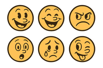 Fototapeta premium Retro cartoon emoticon face stickers. Vector outline icon smiley set. Vintage facial expression illustration collection. Yellow emoji faces with different emotions.