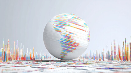 Hyperrealistic abstract data globe floating in clean white space, symbolizing global connectivity, digital networks, and futuristic technology in a minimalist style.
