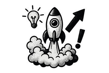 Rocket launch success concept. Startup idea and starting a business symbol. Creative vector illustration for new project boost. Halftone collage element. Growth and innovation.