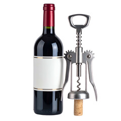 Dark bottle with blank label and corkscrew tool beside it.