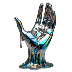 Iridescent Chrome Hand Dripping with Liquid Metal on Black Background Modern Art Piece