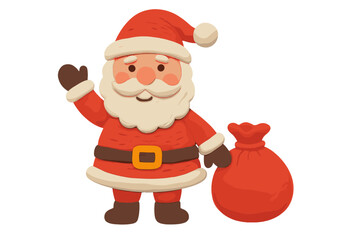 Santa Claus waving with gift sack, Christmas clay plasticine toy in naive childish style, isolated cartoon vector illustration with transparent background, holiday festive character