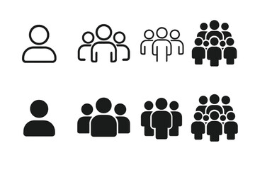 Set of vector icons of individual person, small team, group, and crowd in four modern styles, multiple people silhouettes, team concept, social community, diverse avatars