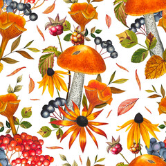 Hand drawn seamless pattern with mushrooms, berries, autumn flowers, and leaves. Watercolor illustration.