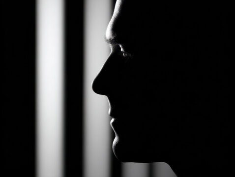 Strong silhouette of man face in profile with high contrast lighting and vertical bars creating dramatic mood - Powered by Adobe