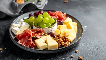 A gourmet cheese and charcuterie board featuring various cheeses, cured meats, green grapes, figs, and walnuts, elegantly arranged on a dark platter.